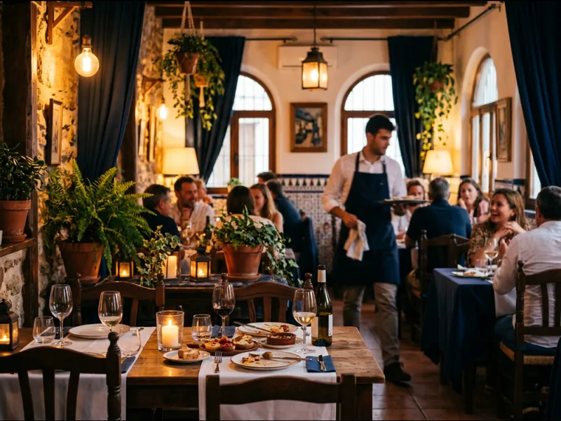 Sala de un restaurante de barrio con mesas preparadas para el servicio